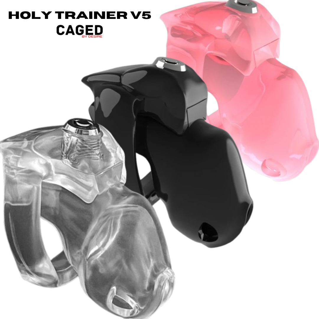 Holy Trainer V5 chastity cages in transparent, pink, and black colors, designed for secure, comfortable wear with ergonomic design and available in various sizes for all-day use.