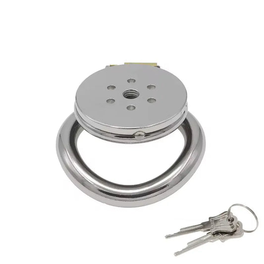 Flat stainless steel chastity device featuring a sleek design and a single central hole surrounded by smaller holes for breathability and comfort. Available in multiple sizes with a flat base ring for discreet wear.