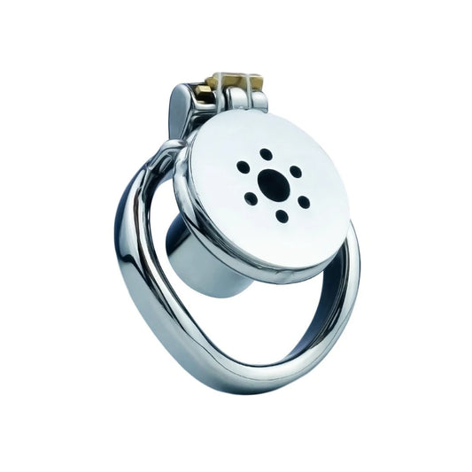 Inverted stainless steel chastity device designed for enhanced comfort, showcasing a unique shape that conforms to the body. Includes a central opening and smaller holes for ventilation, available in various sizes to fit securely.