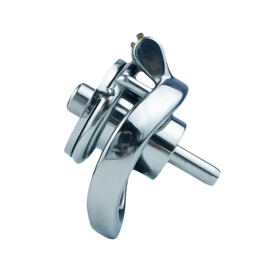 Inverted stainless steel chastity device designed for enhanced comfort, showcasing a unique shape that conforms to the body. Includes a central opening and smaller holes for ventilation, available in various sizes to fit securely.