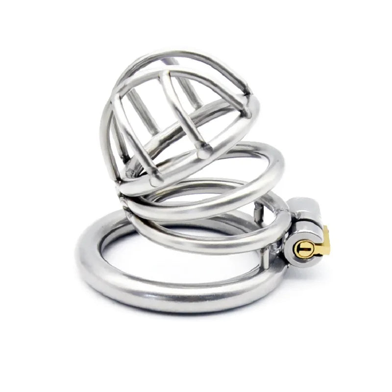 Mini Steel Standard chastity device designed for a balanced fit, featuring a robust stainless steel construction with ventilation holes for breathability. Its polished surface ensures comfort for extended wear.