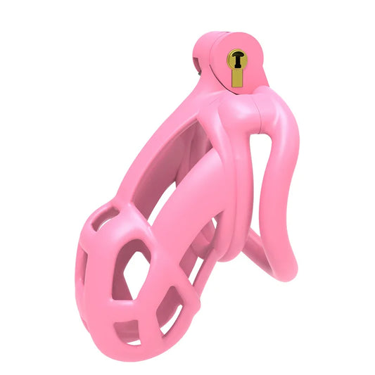 ResinLock™ Small Pink Edition chastity cage featuring a comfortable fit in a bright pink hue. Ideal for long-term wear with secure control.